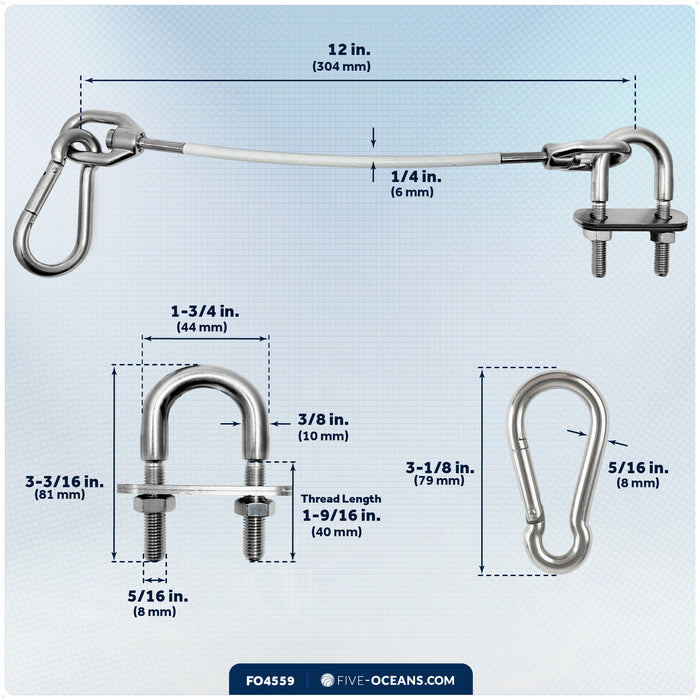12" Anchor Safety Strap - 3/8" U-Bolt, Stainless Steel/PVC Coated - FO4559 - Five Oceans