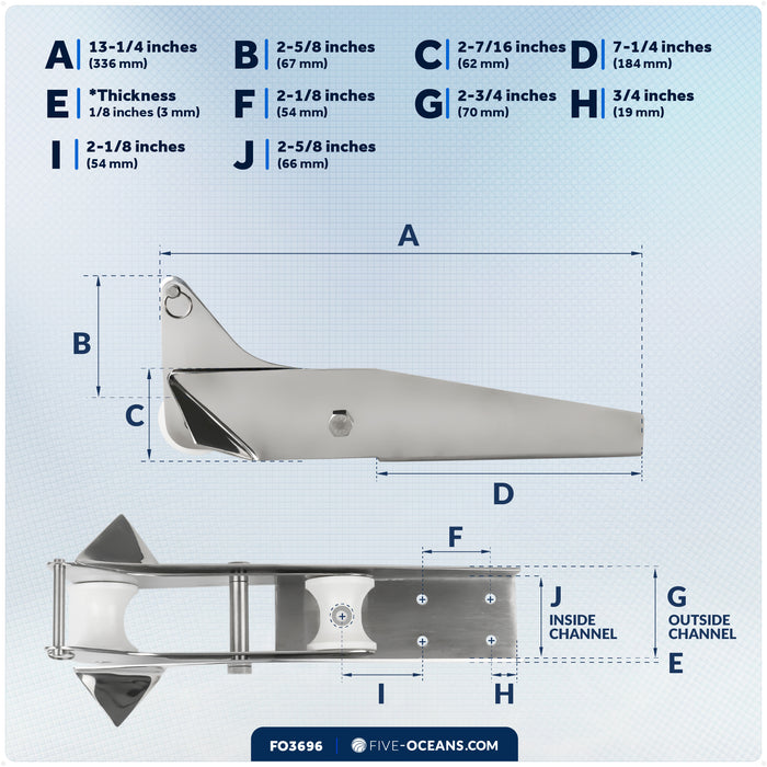 13-1/4" Hinged Self-Launching Anchor Bow Roller, AISI316 Stainless Steel - FO3696 - Five Oceans