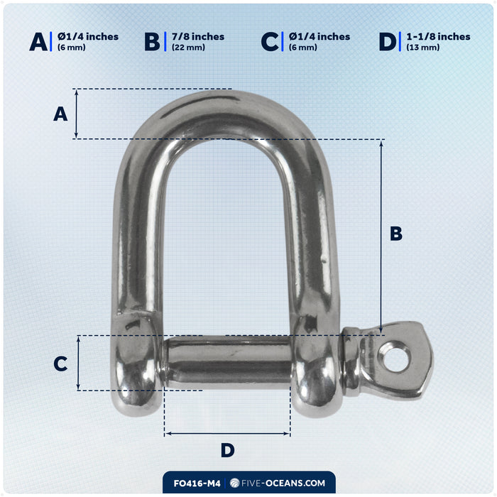 1/4" Captive Screw Pin D Anchor Shackle, AISI316 Stainless Steel, 4-Pack