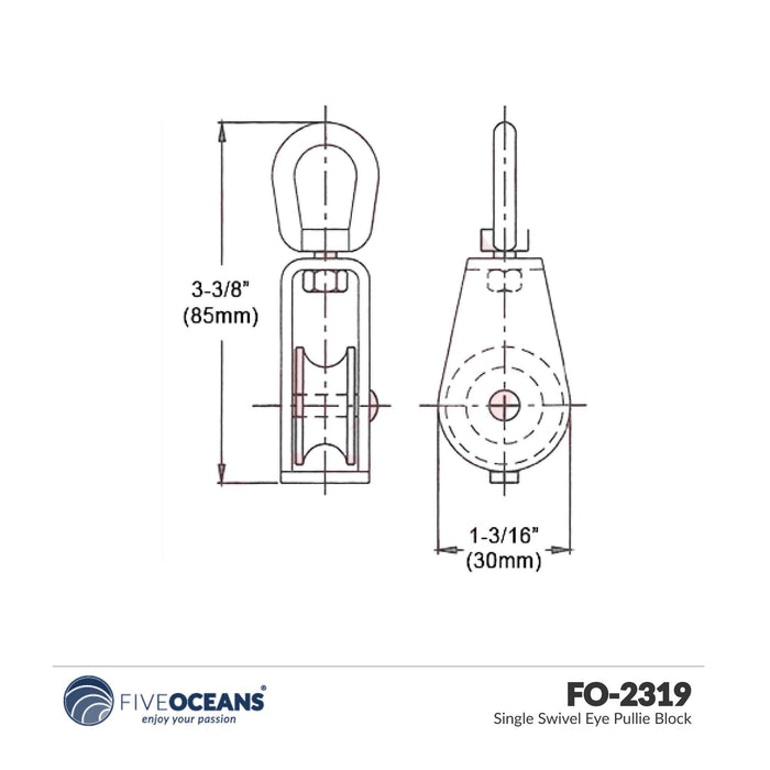 1/4" Rope x 1" Sheave Swivel Eye Block, Stainless Steel - FO2319 - Five Oceans