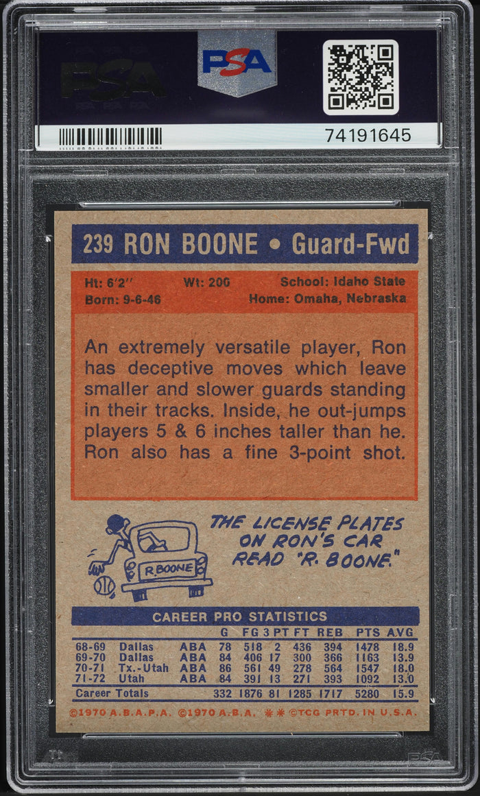 1972 Topps BkB Card #239 Ron Boone Utah Stars PSA 9 MINT (MGD2)