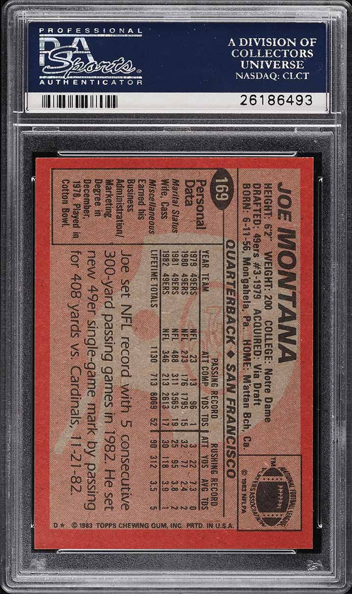 1983 Topps FB Card #169 Joe Montana San Francisco 49ers HOF PSA 8 NM-MT (MGD2)