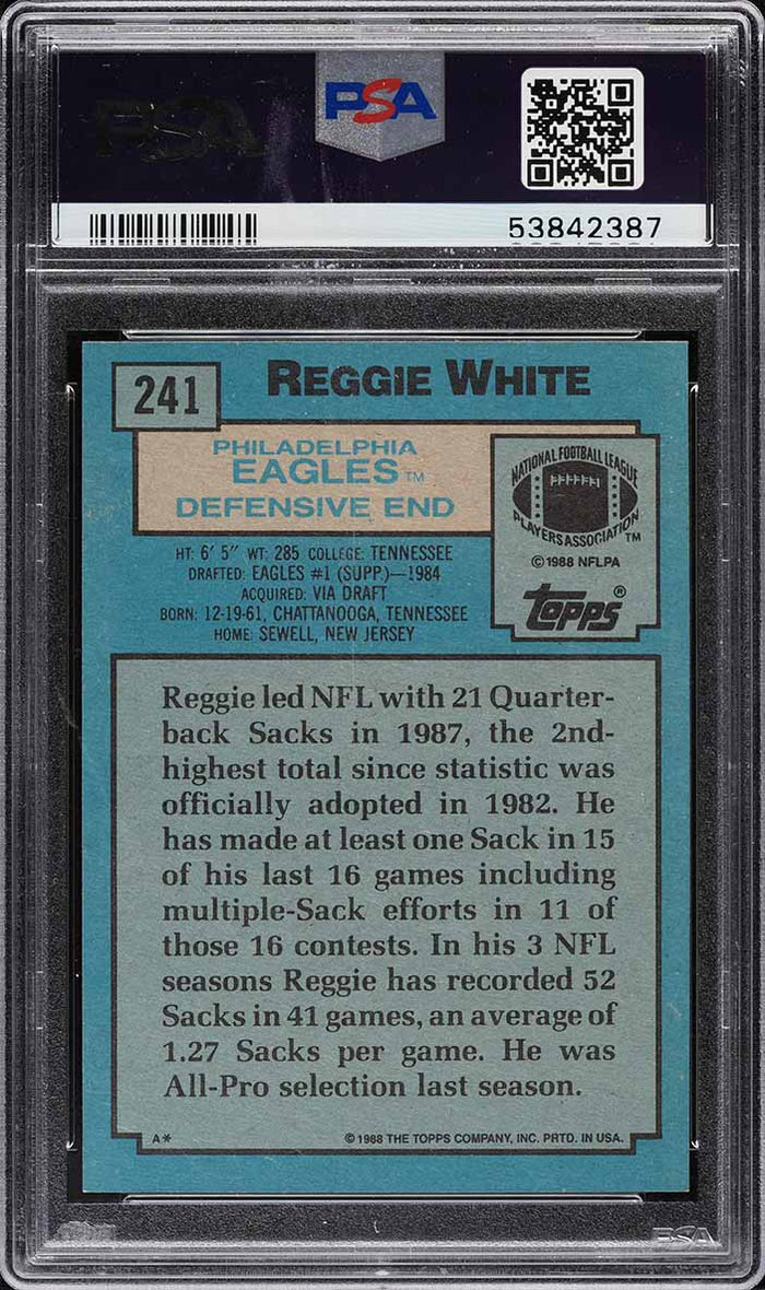 1988 Topps FB Card #241 Reggie White Philadelphia Eagles HOF PSA 9 MINT (MGD2)