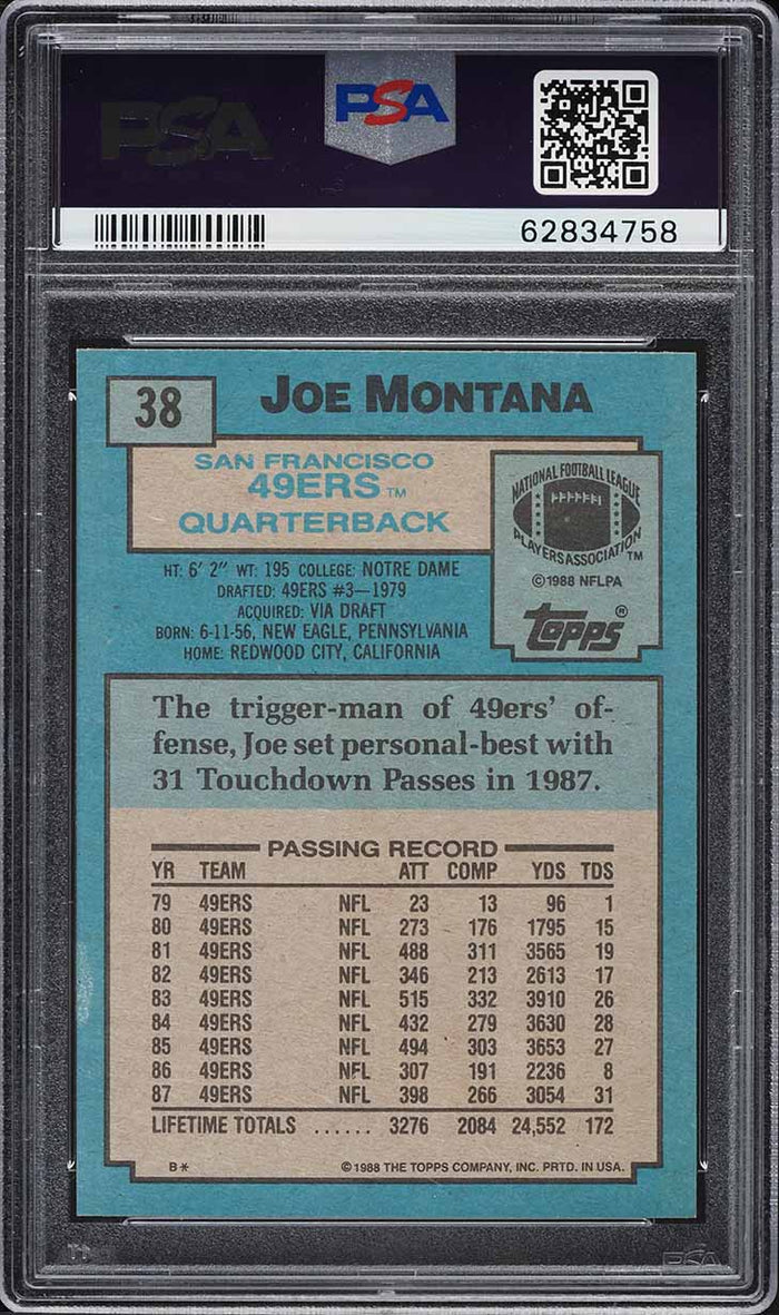 1988 Topps FB Card # 38 Joe Montana San Francisco 49ers HOF PSA 9 MINT (MGD2)