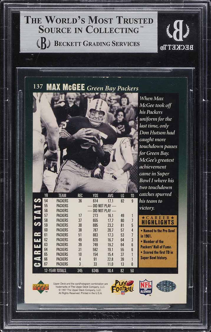 1997 Upper Deck Legends FB Card #137 Max McGee Packers HOF AUTOGRAPH BGS AUTH (MGD2)
