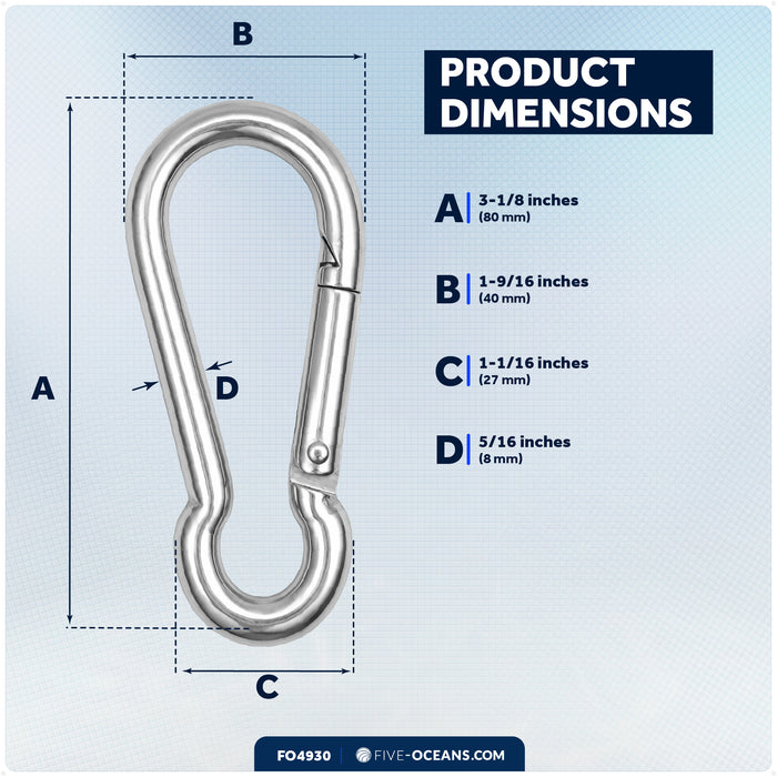 3-1/8" Snap Hook Carabiner, AISI316 Stainless Steel