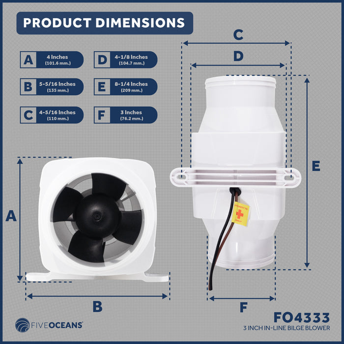 In-Line Bilge Blower, for 3" Interior Diameter Vent, Water Resistant, 12V - FO4333 - Five Oceans