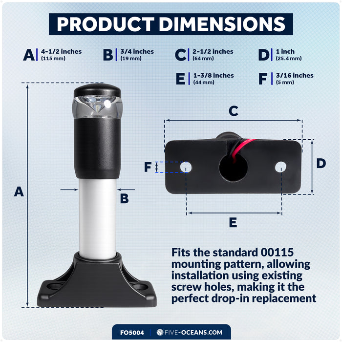 4-1/2" LED Anchor Light, Certified 2NM, Fixed Base, Polycarbonate Lens & Aluminum Tube, 10-30V DC - FO5004 - Five Oceans
