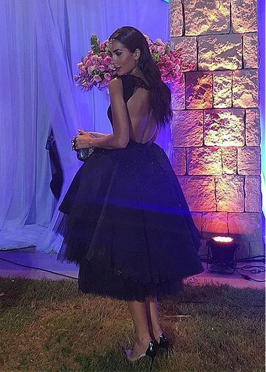 A-Line Black Tulle Backless Knee Length Homecoming Dress