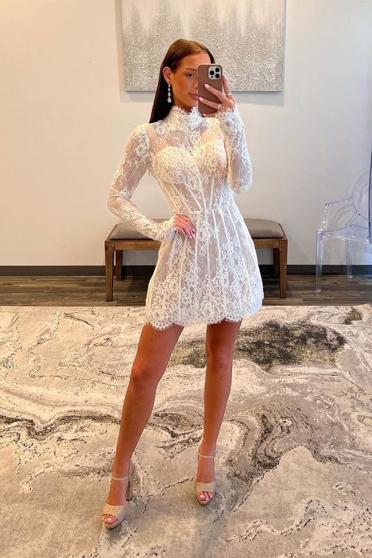 A Line Lace Homecoming Dress With Long Sleeves