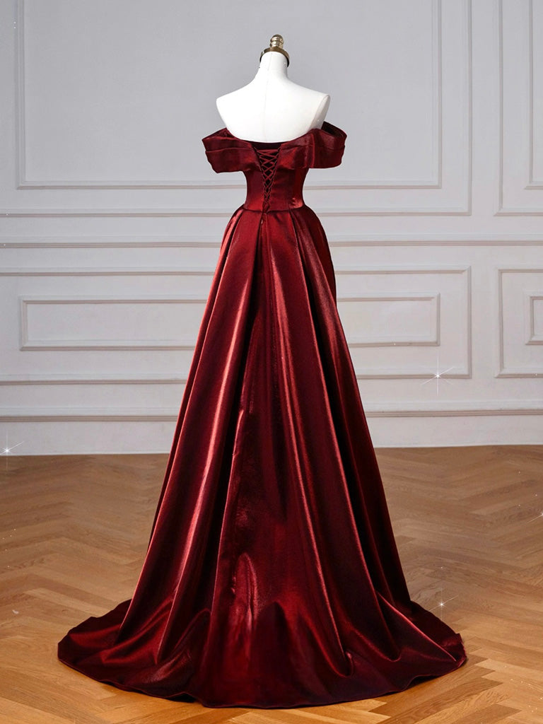 A-Line Off Shoulder Satin. Burgundy Long Prom Dress, Burgundy Long Evening Dress