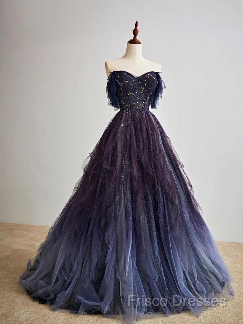 A-Line Purple Gradient Tulle Long Formal Prom Dress