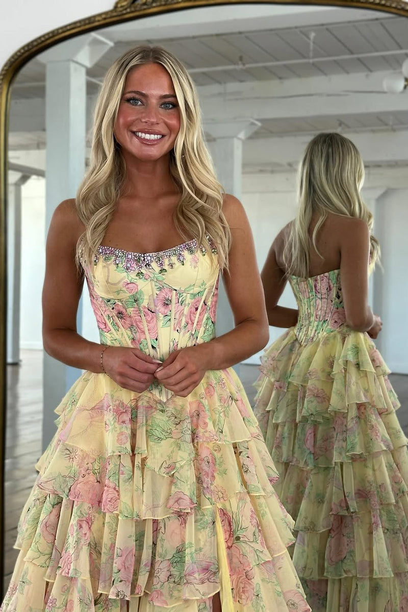 A-Line Strapless Floral Printed Chiffon Ruffle Tiered Corset Long Prom Dresses with Slit