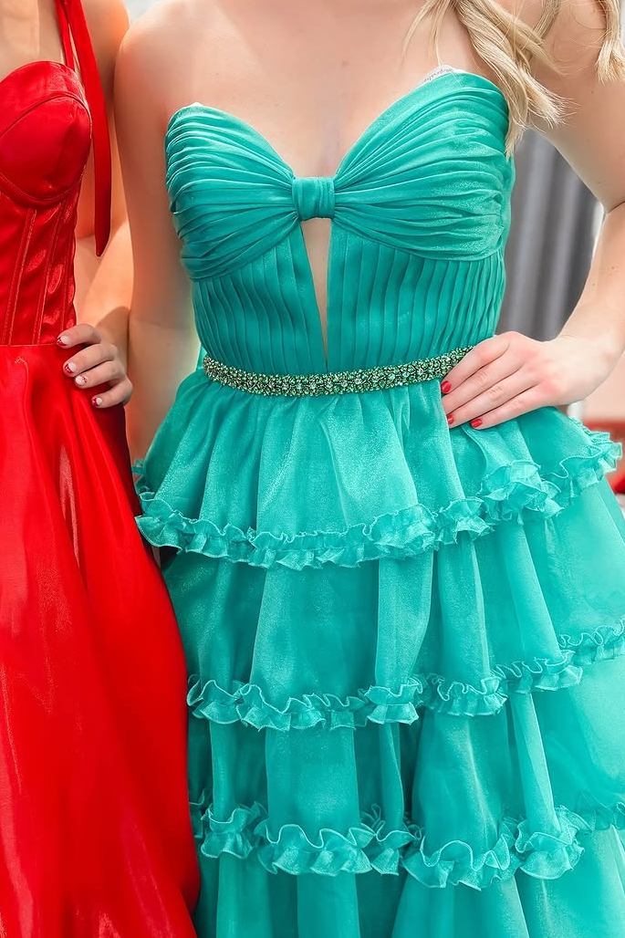 A-Line Strapless Keyhole Empire-Waist Layered Prom Dress with Slit