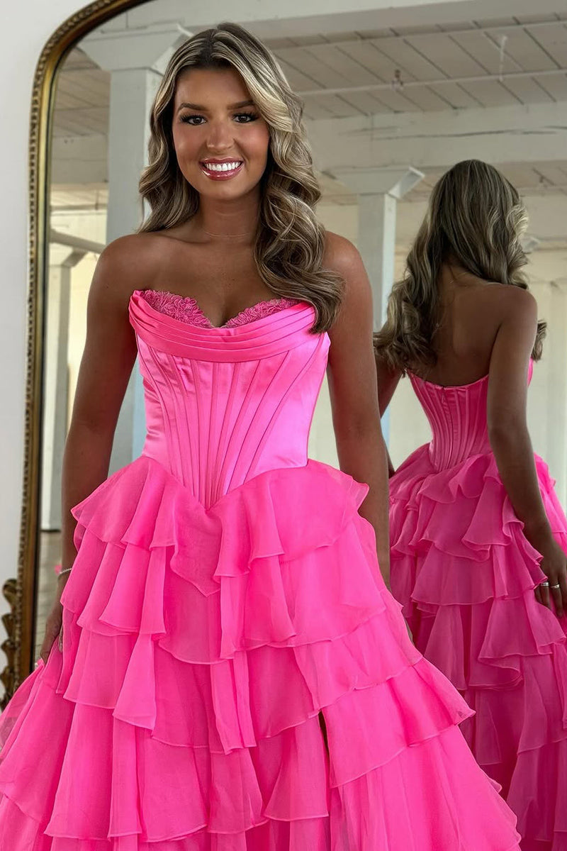 A-Line Strapless Lilac Ruffle Tiered Long Prom Dress with Slit