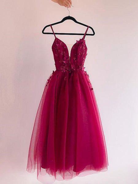 A Line V Neck Burgundy Prom Dresses with Lace Appliques, Burgundy Lace Homecoming Dresses