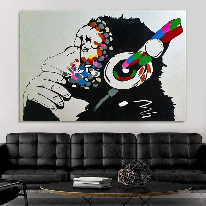 Banksy - Thinking Monkey Headphones Wall Art Canvas Print - SharpWallArts
