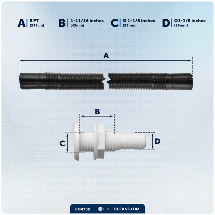 Bilge Pump Plumbing Kit, 8' x 1-1/8" Black PVC Hose with 2 Clamps & Thru-Hull Fitting - FO4752 - Five Oceans