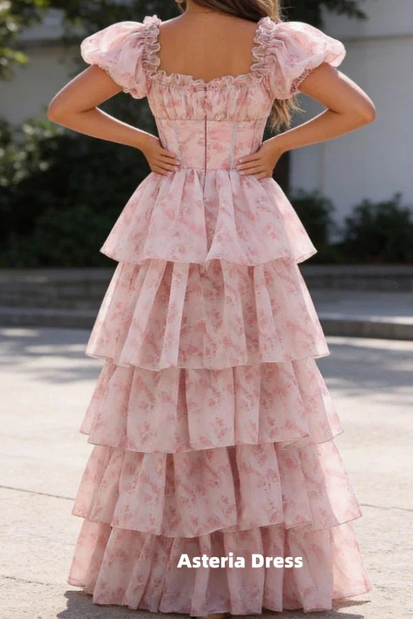 Blush Pink A Line Square Neck Tiered Prom Dress with Ruffles