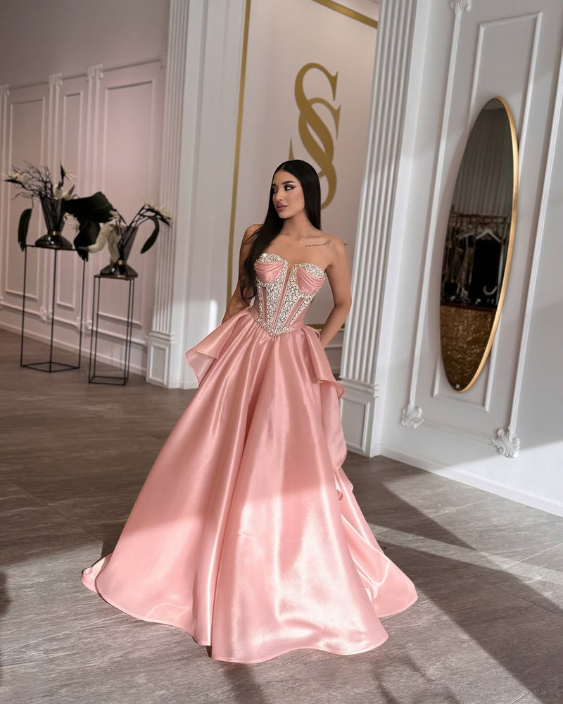 Blushing Pink Strapless Sweetheart Pleated Prom Dress withstone