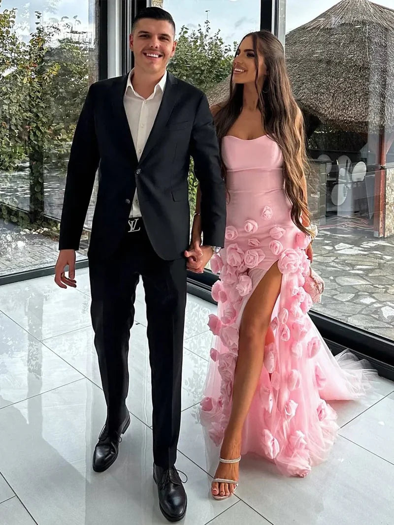 Blushing Pink Strapless Sweetheart Prom Dresswith Flower