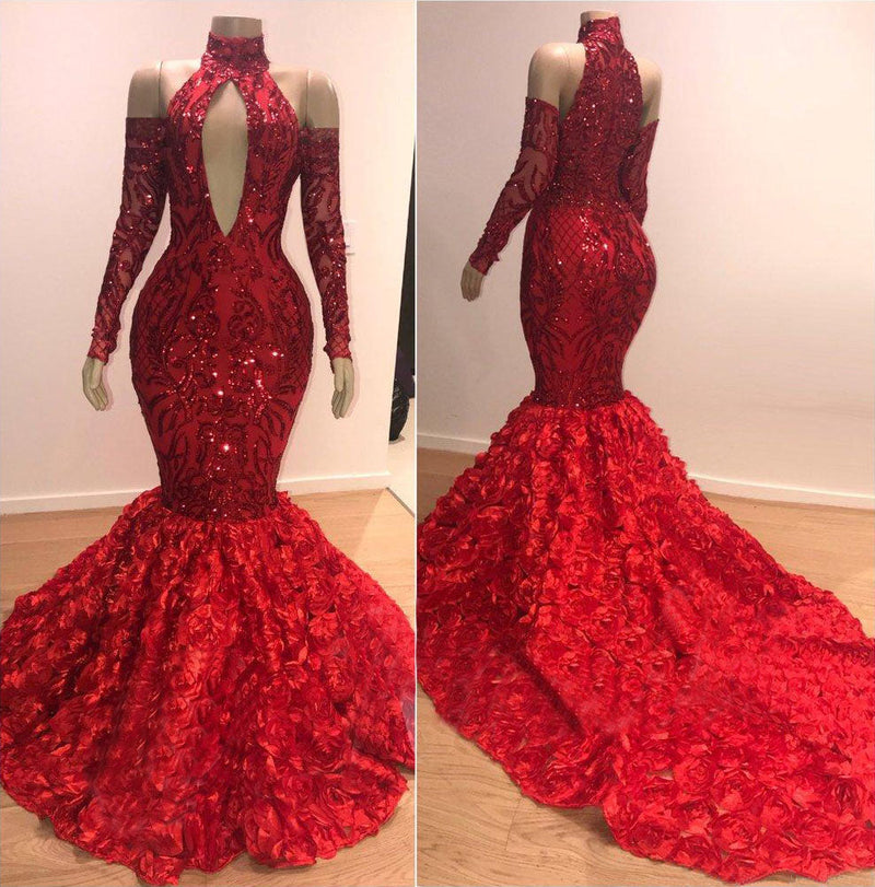 Burgundy High Collar Sequin Prom Dress Mermaid with Long Sleeve