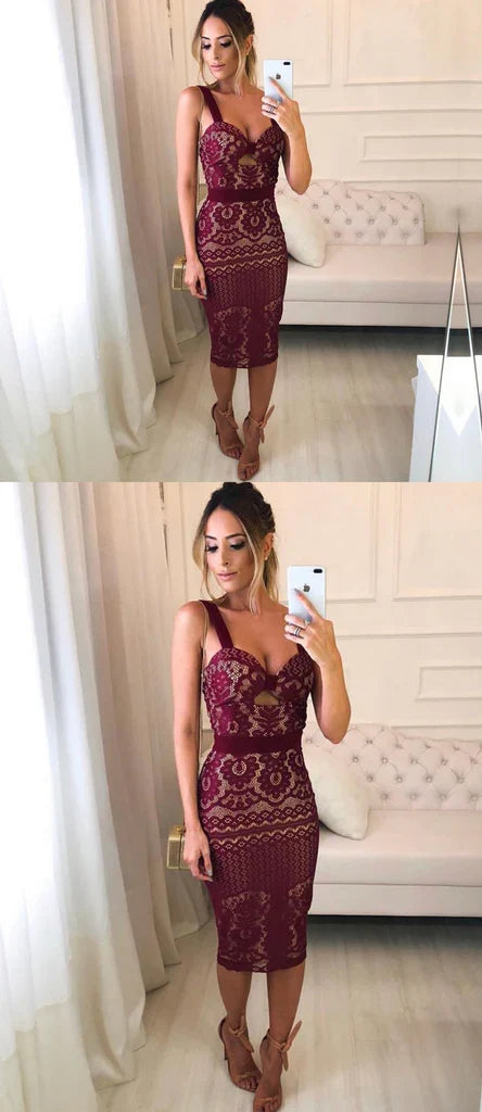 Burgundy Lace Sheath Tight Knee Length Homecoming Dresses