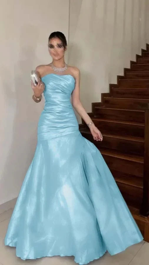 Burgundy Strapless Bodycon Long Prom Dresses Satin Formal Outfits,AST2310