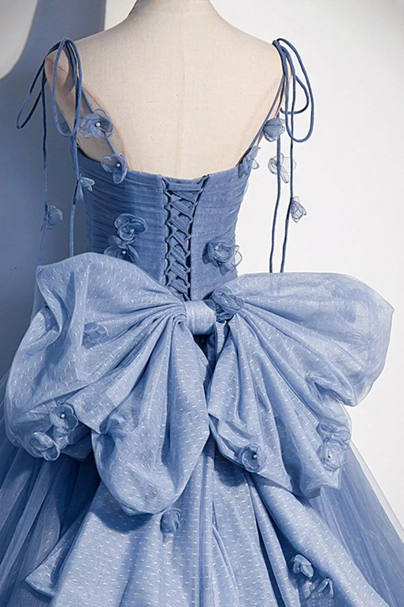 Busty Bluetti Strap Straight Across Prom Dress Sheer with Bow Knot