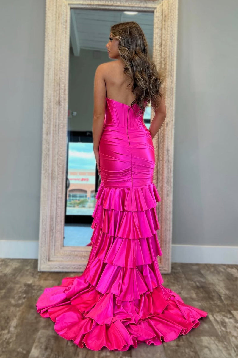 Charming Mermaid V Neck Pink Satin Tiered Prom Dress with Slit