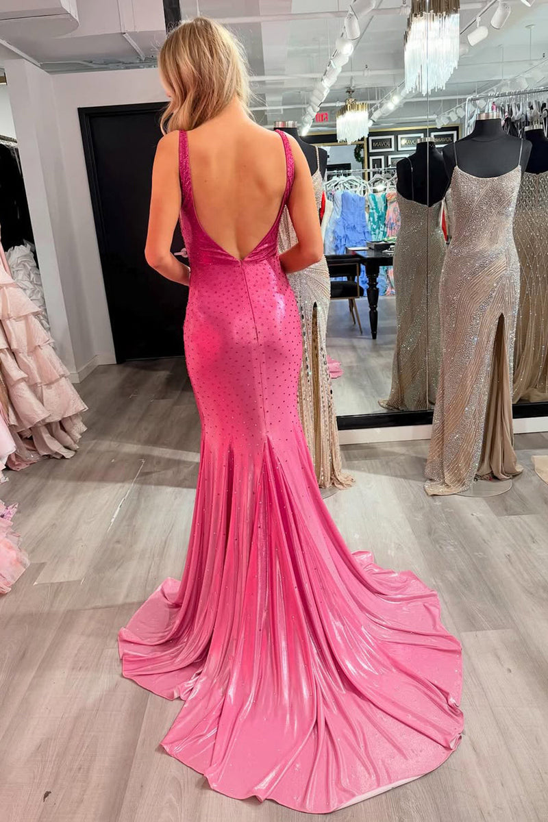 Charming Mermaid V Neck Stretch Satin Prom Dress with Hot Stone
