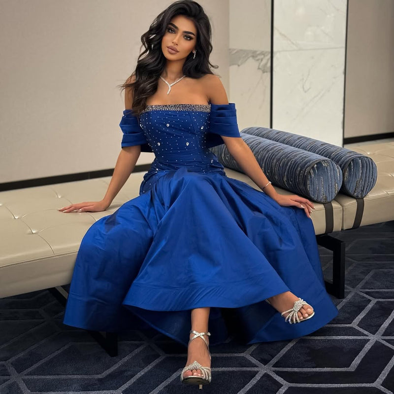 Chic Blue Off-Shoulders Prom Dress Pleated withstone