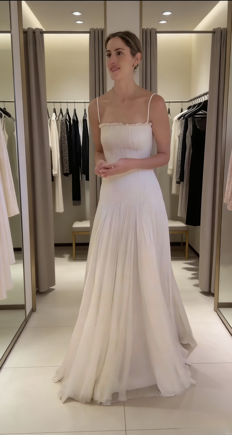 Chic Long White Wedding Dress Spaghetti Straps A-Line Evening Dress Chiffon Formal Dress