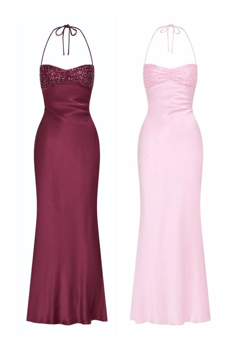 Chic Satin Halter Neck Lace Up Long Prom Party Dress with Sequin
