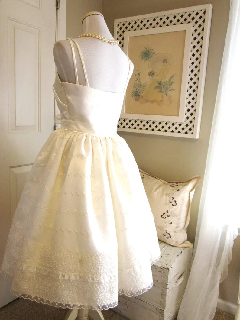 Cute Ivory Strappy Satin Lace Trim A-line Birthday Dress Homecoming Dress