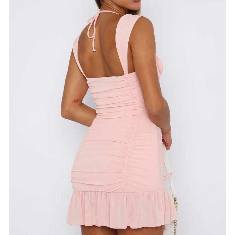 Cute Pink Shoulder Strap Pleated Drawstring Birthday Short Skirt Homecoming Dress