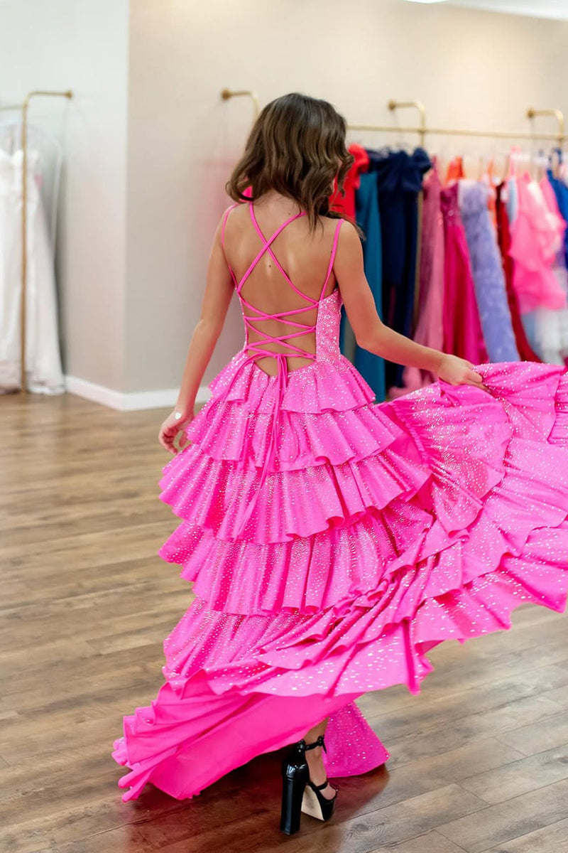 Cute Sparkly A Line V Neck Pink Tiered Long Prom Dress with Hot Stone