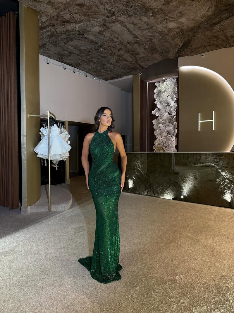 Dark Green Halter Sleeveless Mermaid Prom Dress with Sequins