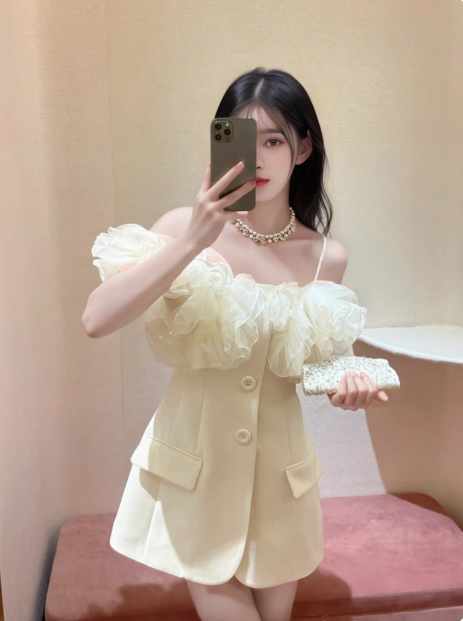 Designer Suit Ruffled Satin Suspenders Birthday Skirt Homecoming Dress
