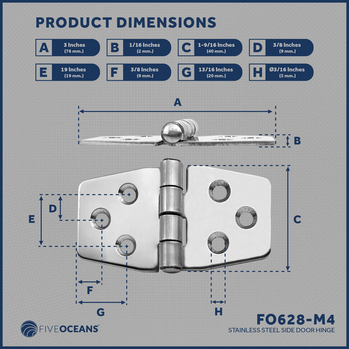 Door Hinge 3" x 1-9/16", AISI 316 Stainless Steel, 4-Pack - FO628-M4 - Five Oceans