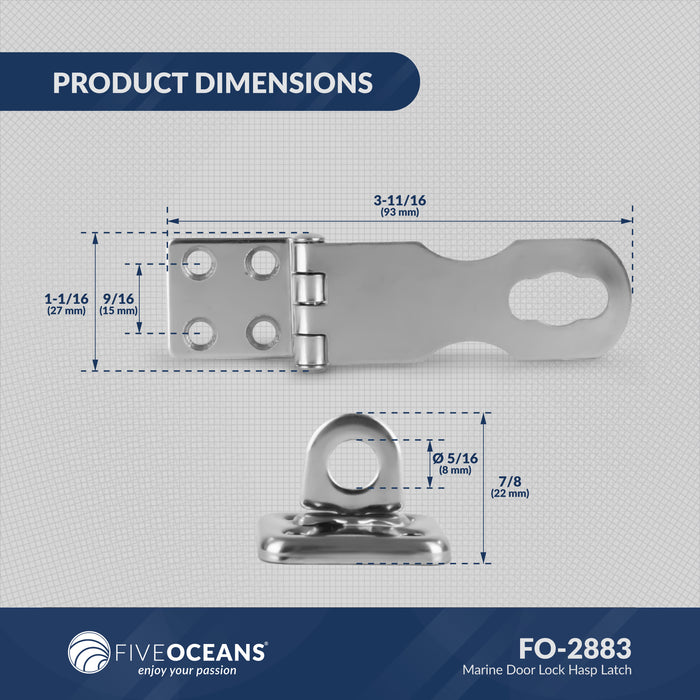 Door Lock Hasp Latch, AISI 316 Stainless Steel - FO2883 - Five Oceans