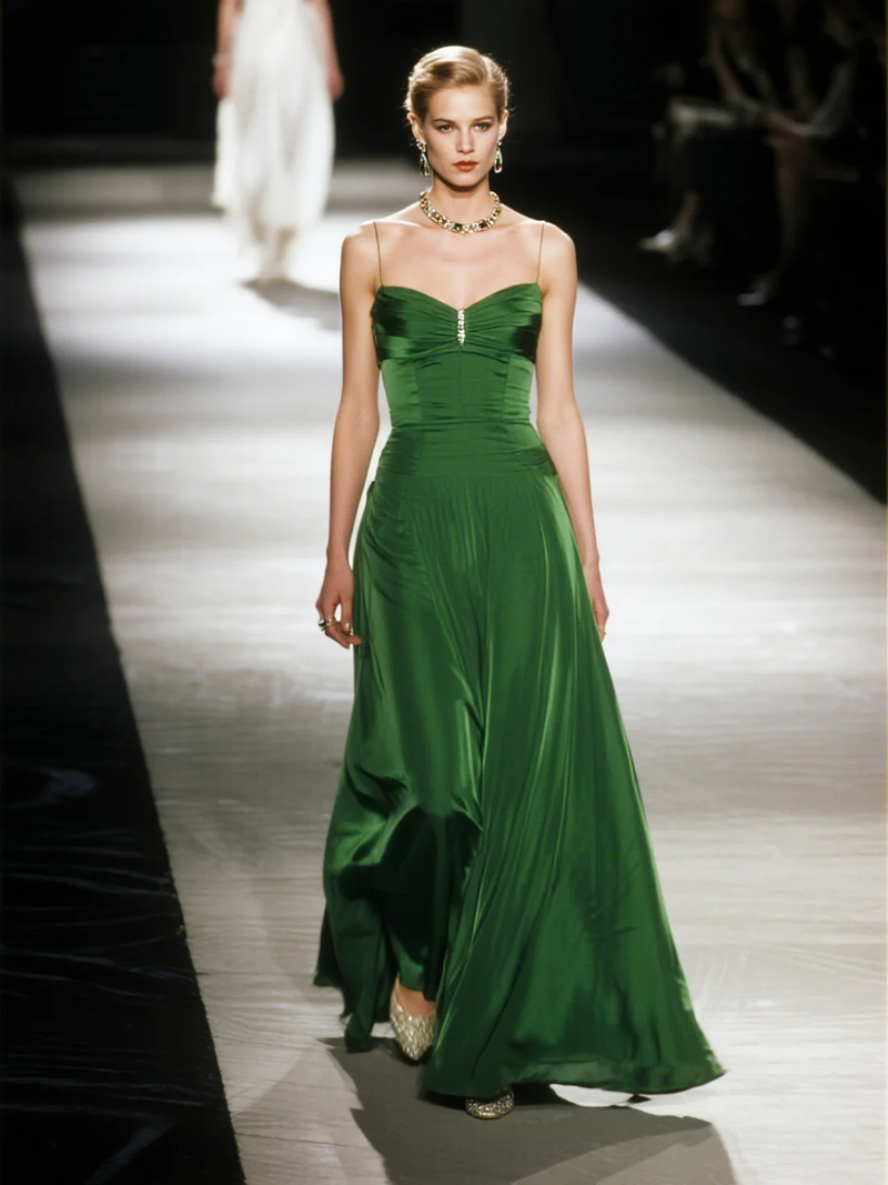 Elegant A Line Spaghetti Straps Emerald Satin Long Prom Dress Evening Dress