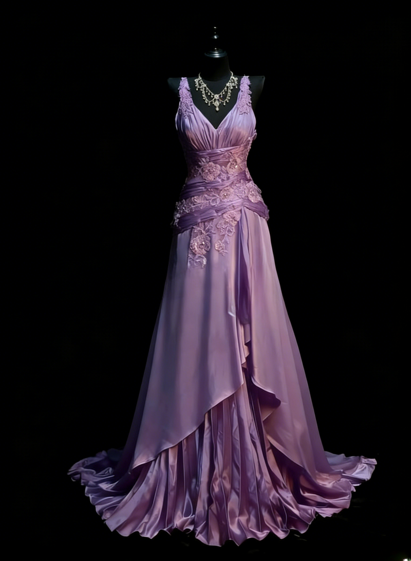Elegant Grape Long Prom Dresses Satin V-neck A-line Evening Dresses Appliques Sleeveless Formal Dresses