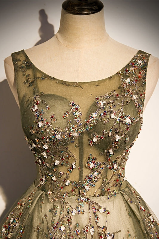 Elegant Plam Green Beaded Long Formal Dress