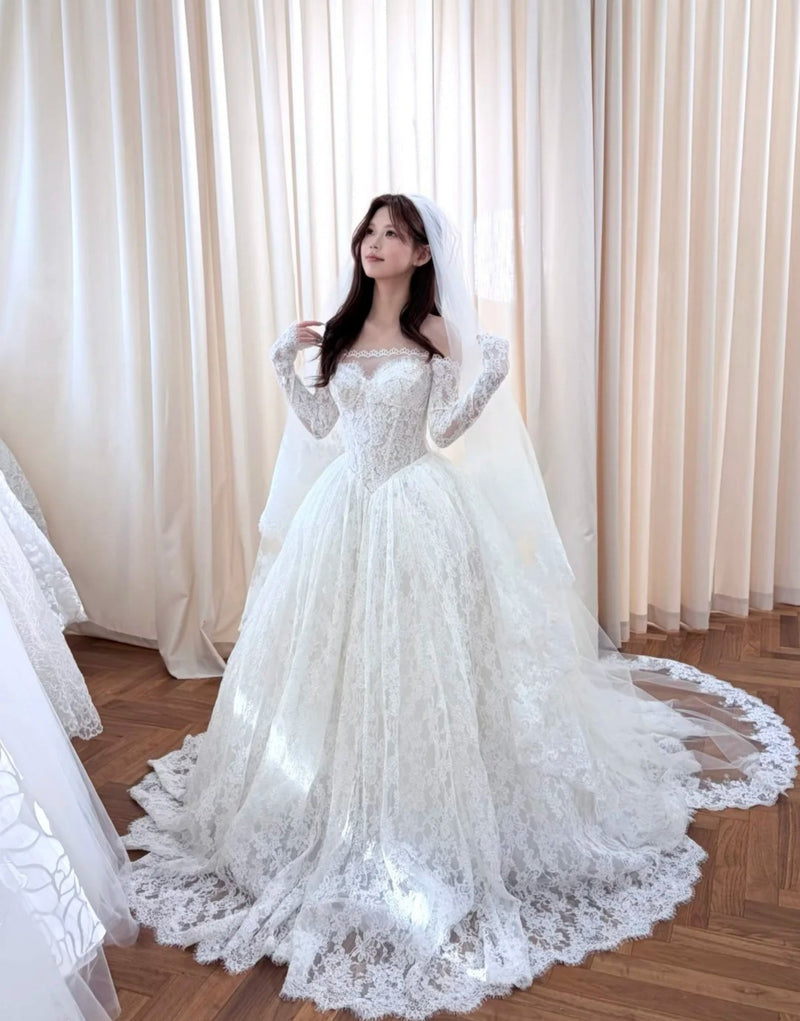Elegant White Lace Off-Shoulder A-Line Wedding Dress | Long Sleeve Bridal Gown