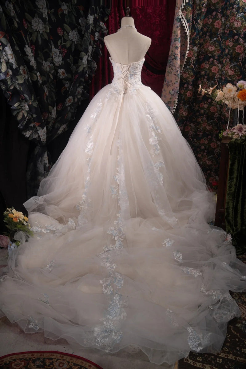 Fairy A-line Long Wedding Dresses Tulle Appliques White Bridal Gowns Sleeveless Sweetheart Bridal Dresses