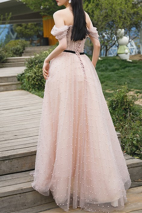 Fairy Off the Shoulder Pink Pearls Long Formal Dress