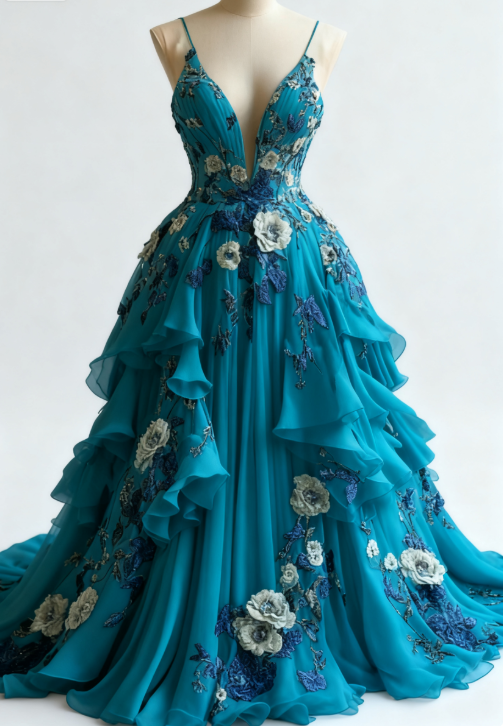 Fairytale A-line Wedding Dress Chiffon 3D Applique Evening Dress
