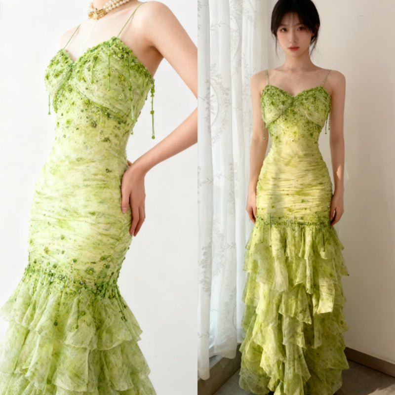 Fairytale Green Mermaid Vintage Party Dresses Sweetheart Chiffon Beaded Layed Prom Dresses