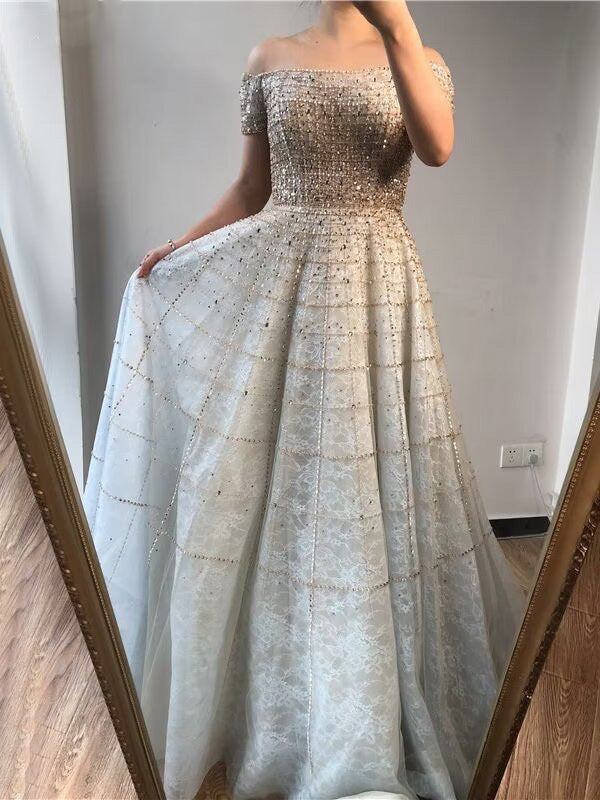 Fashion Sequins Off Shouder Prom Dress Long Sleeve Pleated A Line Dress LM0053